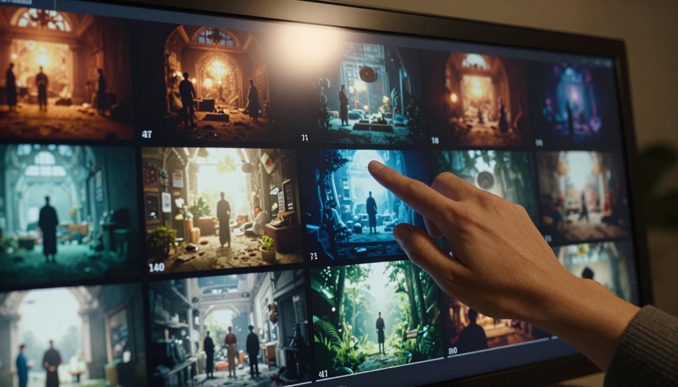 Person's hand pointing at a large video wall displaying AI-generated clips