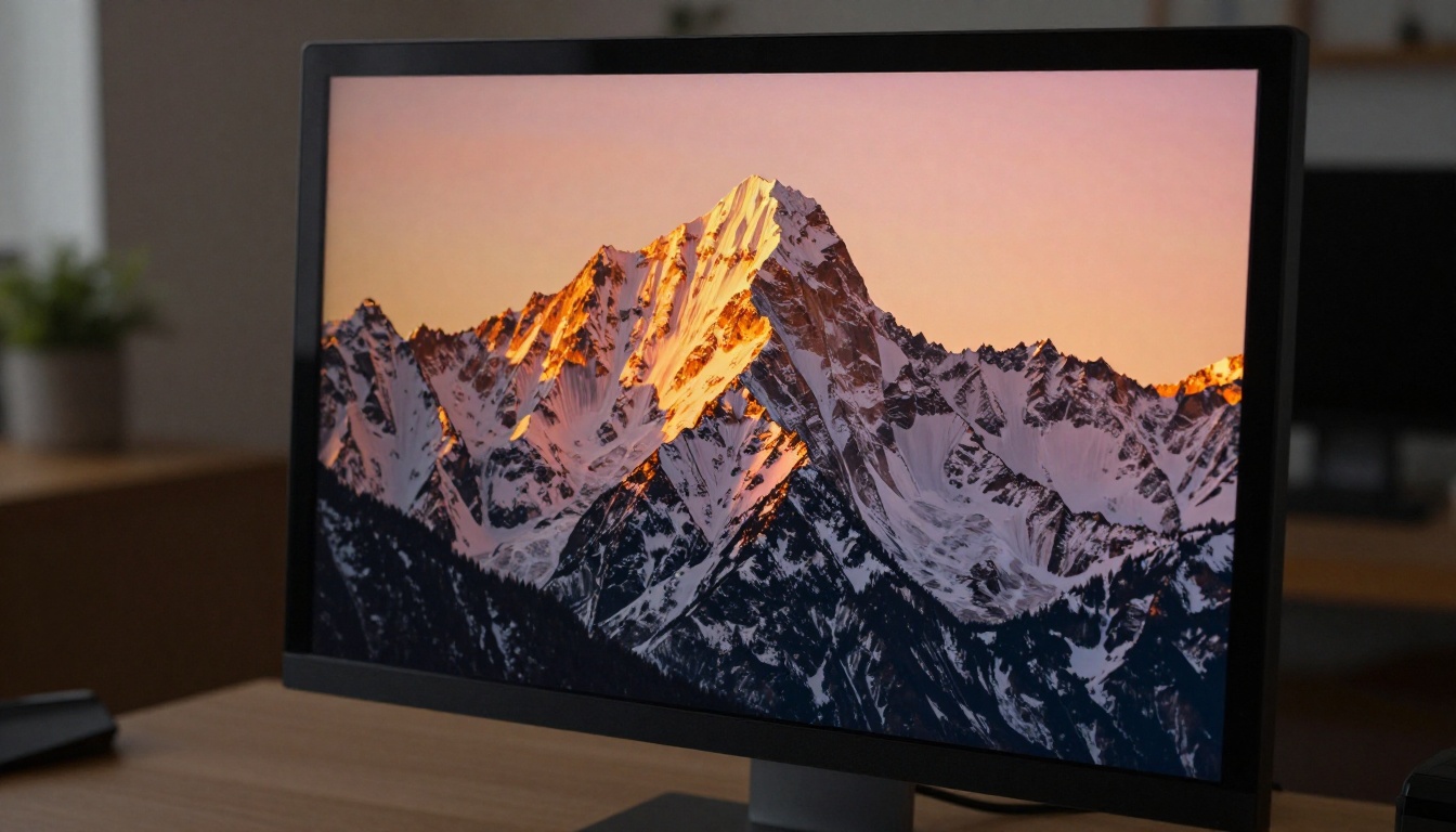 Close-up of a 4K monitor displaying a cinematic AI-generated mountain video frame in golden hour tones