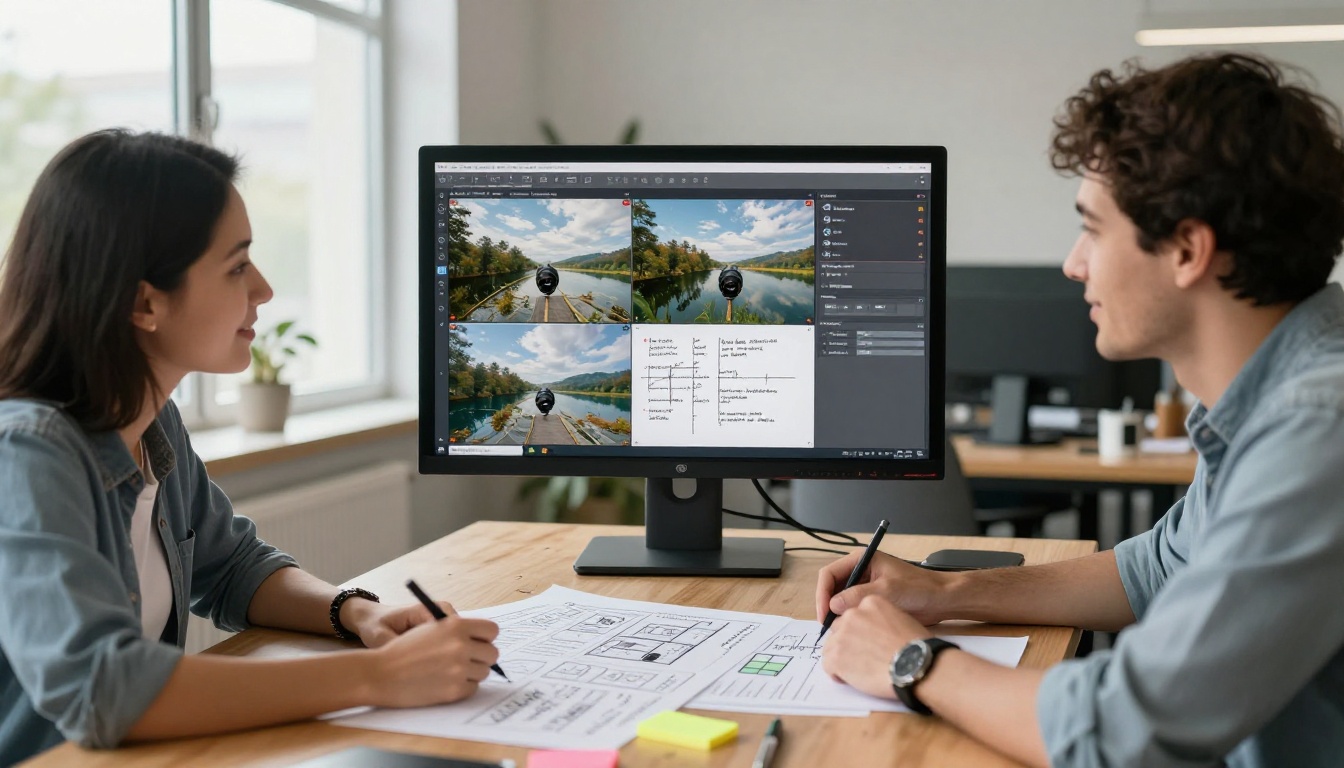 Two creative professionals collaborating over a video comparison on an ultrawide monitor