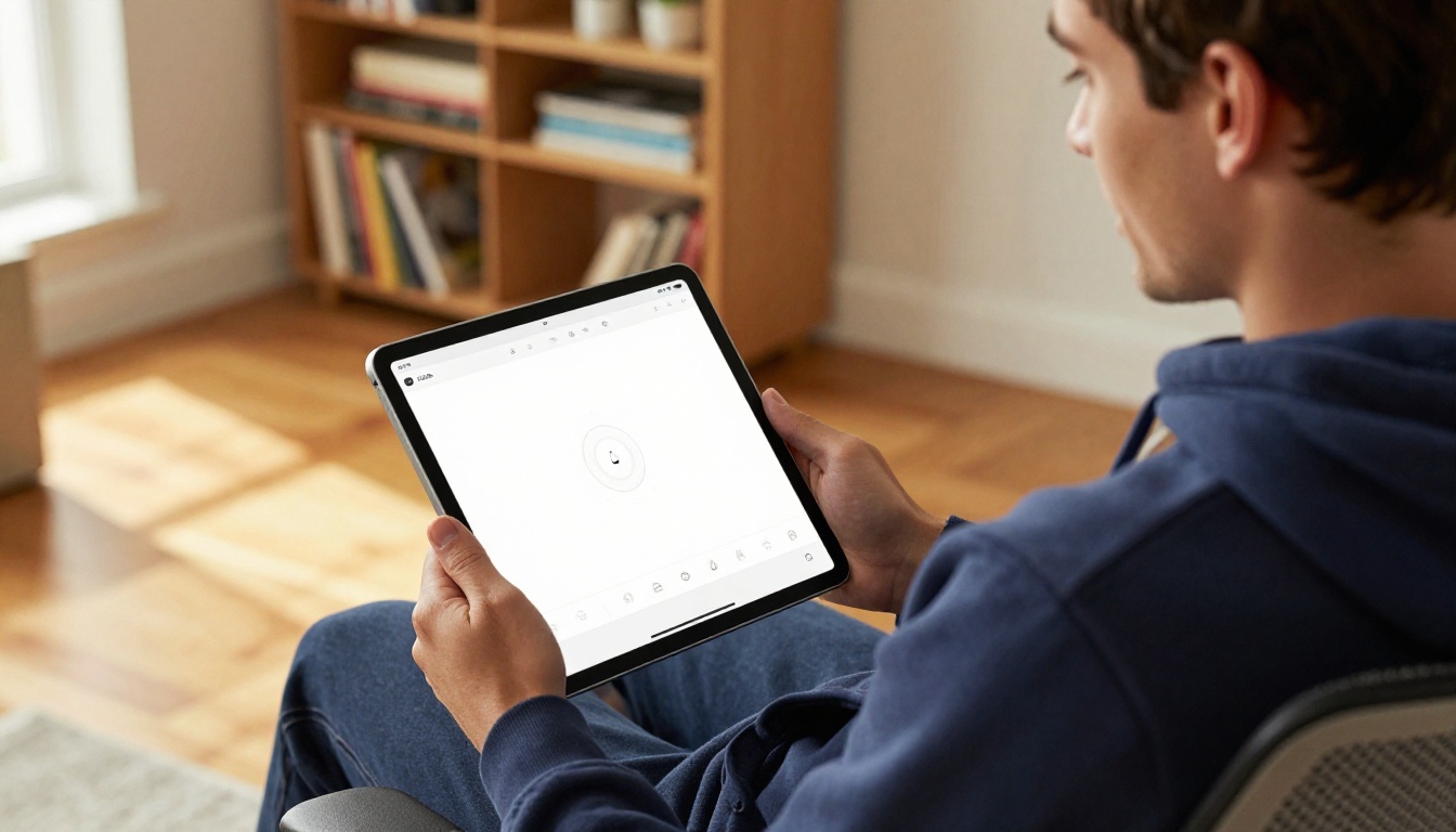 A young man leaning back in a chair browsing a minimalist AI video creation interface on an iPad
