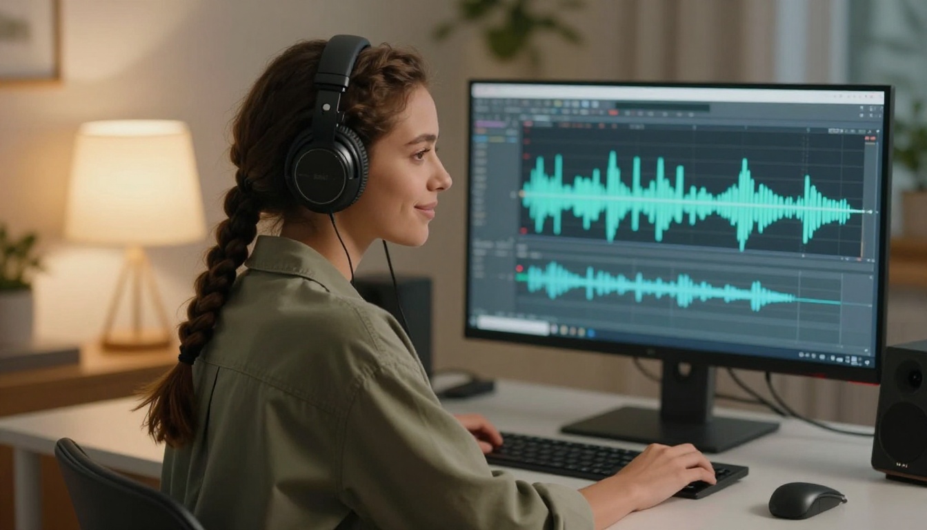 A young woman with braided hair near a monitor displaying an audio waveform layered over an AI video timeline