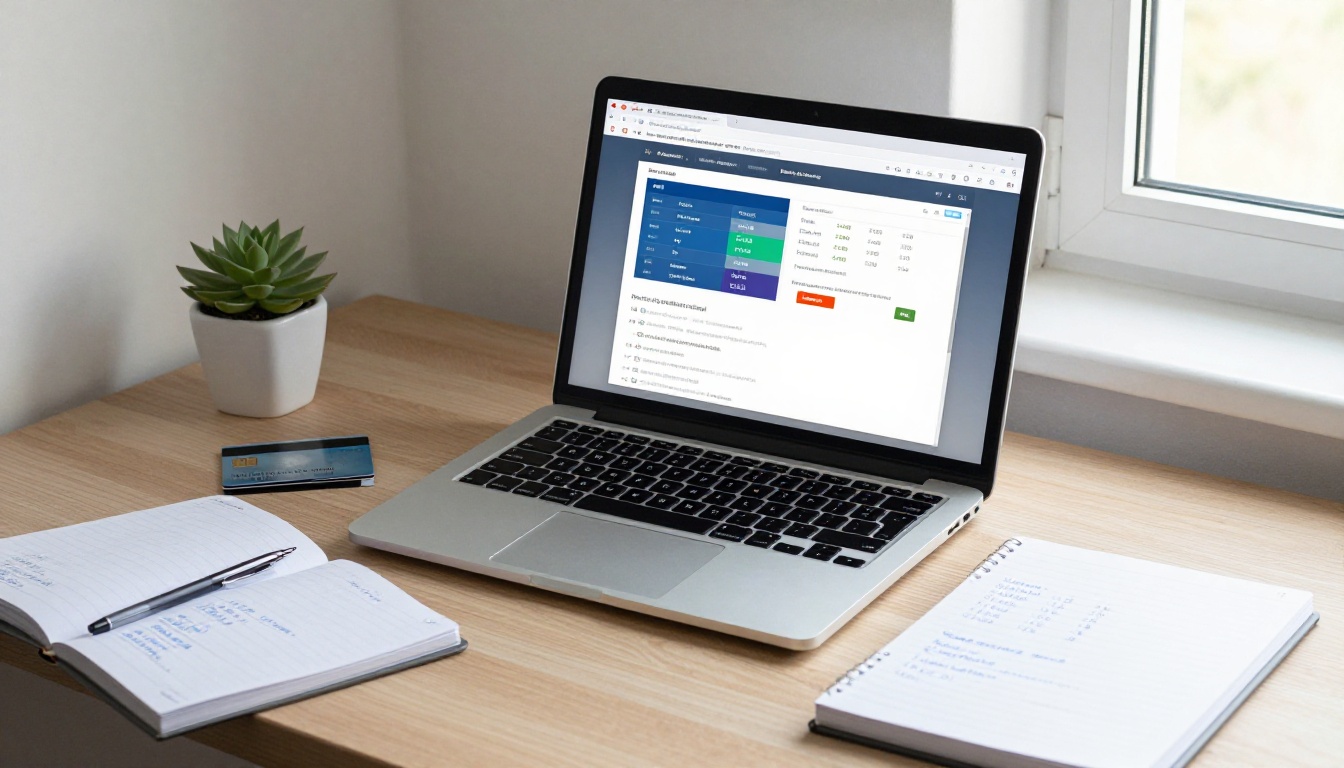 A compact desk with a MacBook showing a pricing comparison table alongside a notebook with handwritten notes