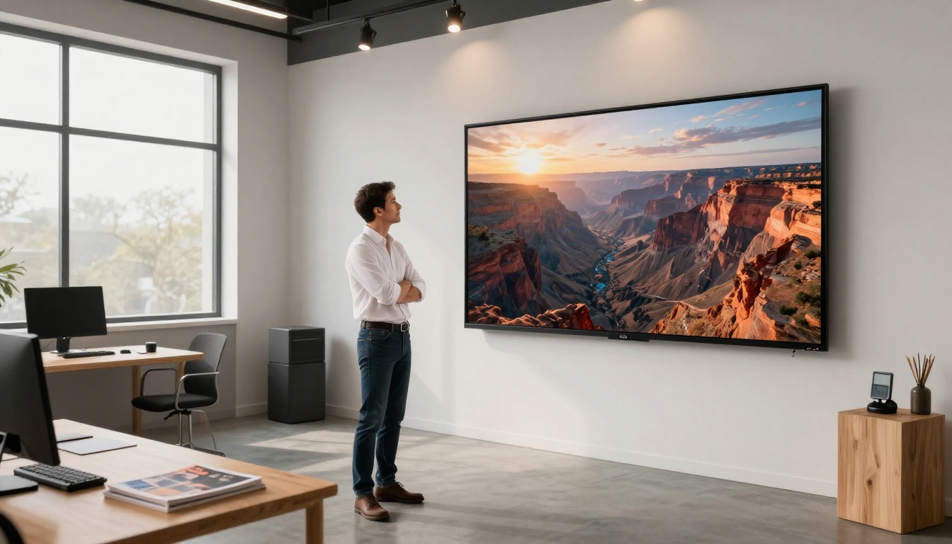 A creative director standing before a large studio monitor viewing a cinematic AI video still of a canyon at sunset