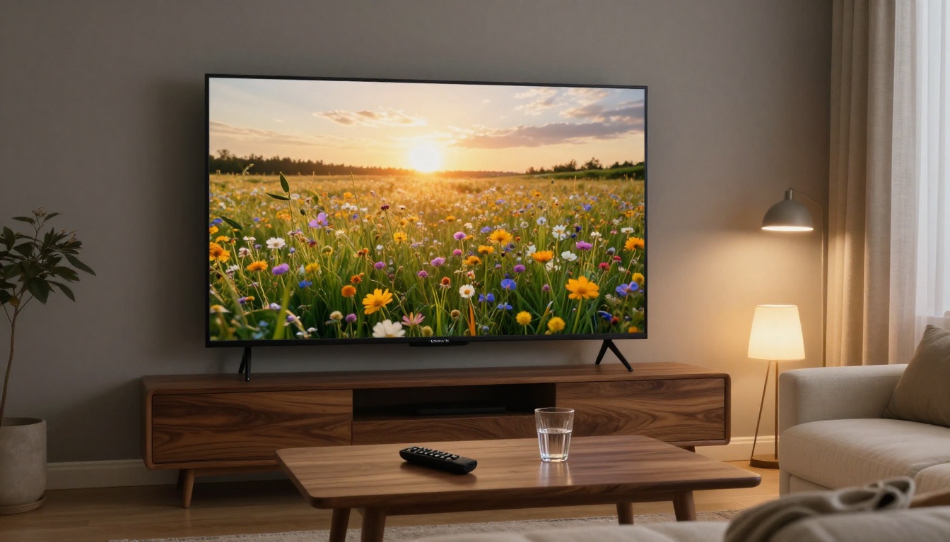 A 65-inch OLED TV in a cozy living room displaying an AI-generated wildflower meadow video in golden hour light