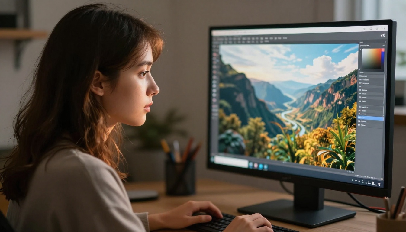 Woman designer focused at AI workstation reviewing generated images on large monitor