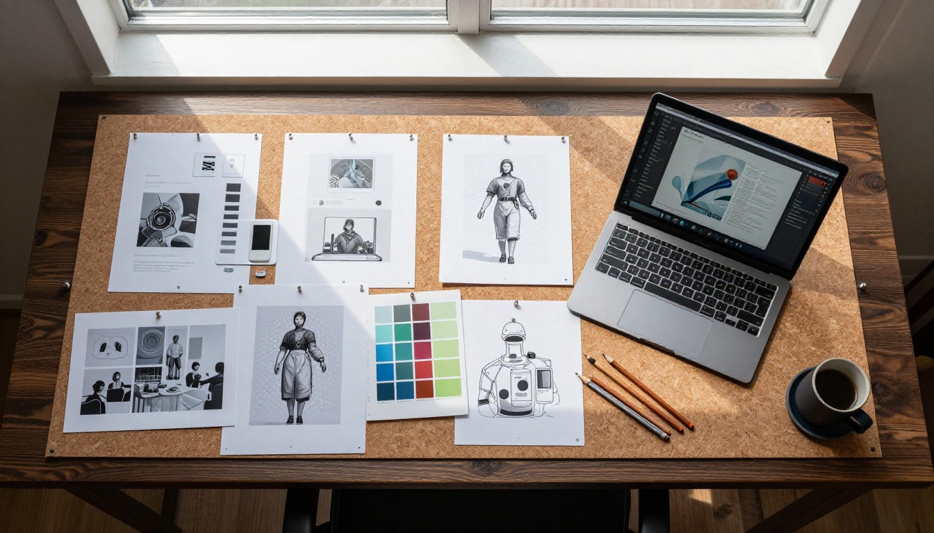 Aerial flat lay of creative studio workspace with AI art prints pinned to cork board