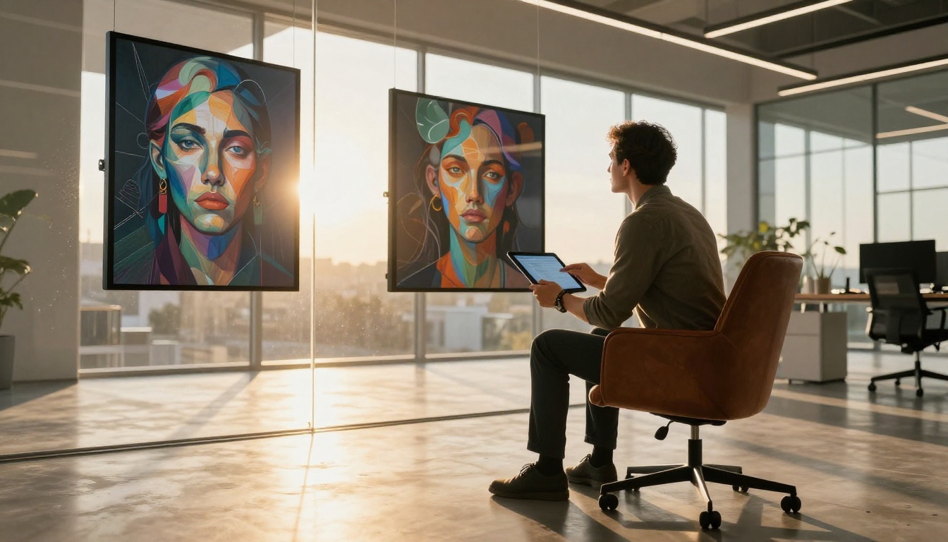 Creative director reviewing AI-generated art on a tablet with golden hour office lighting