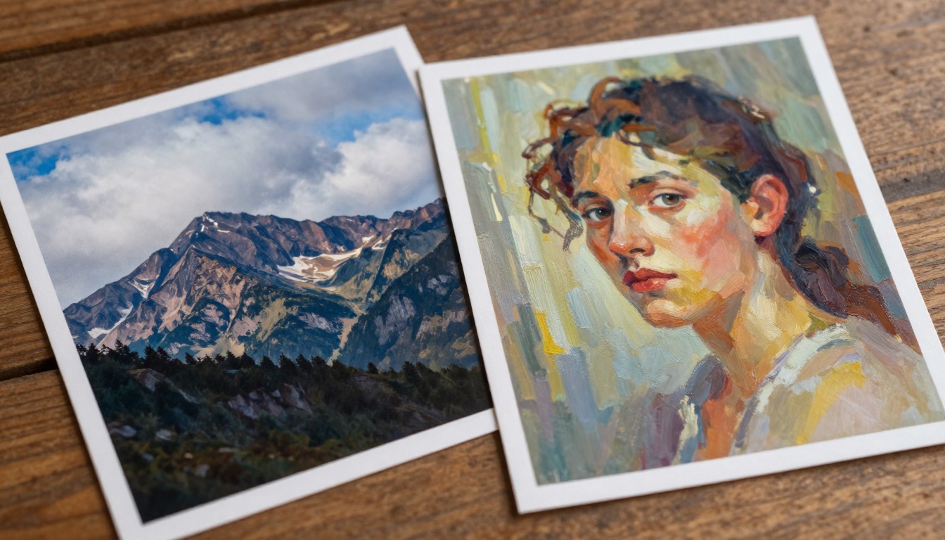 Two printed AI art photographs side by side on rustic wooden table showing contrasting styles