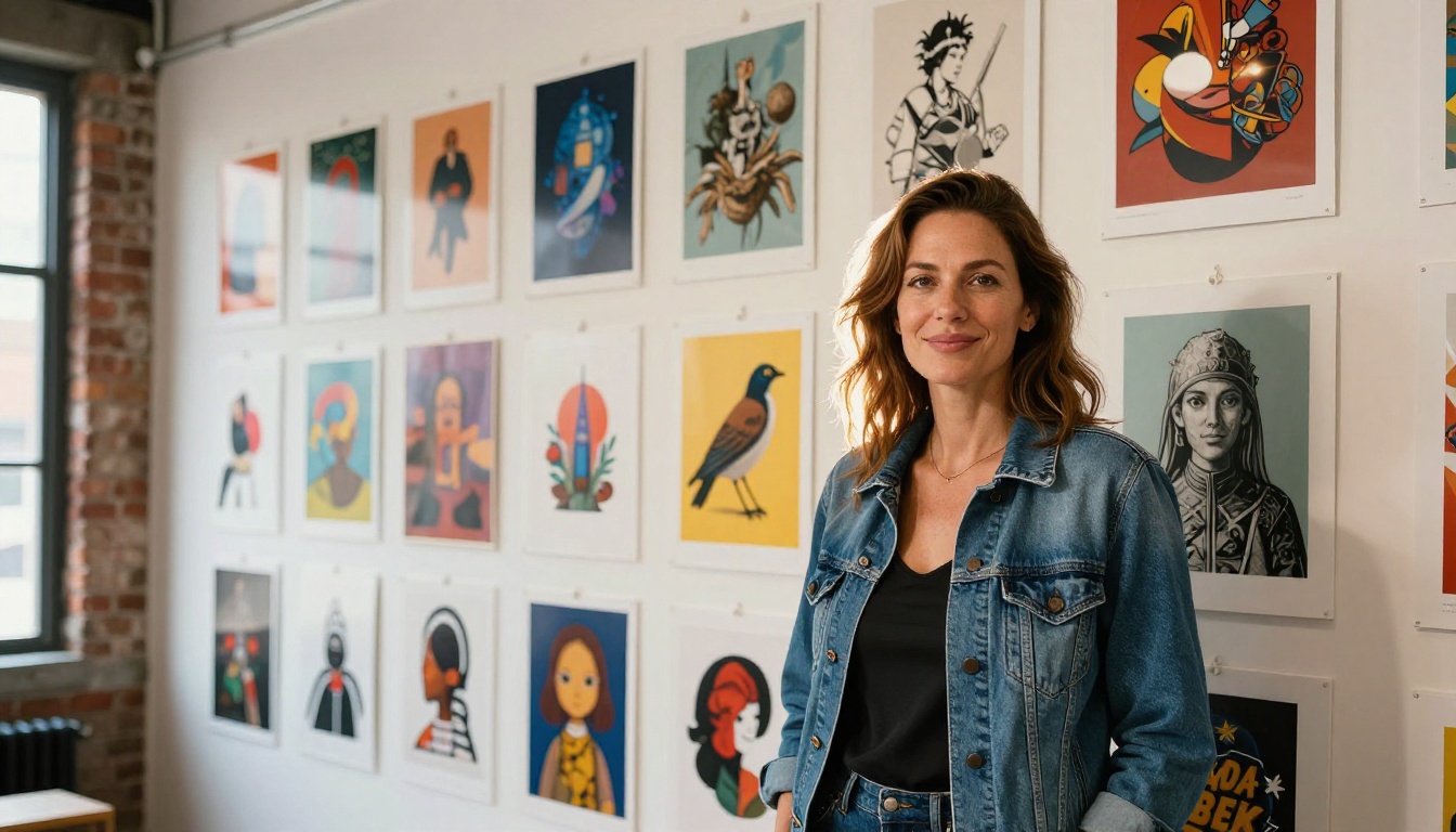 Confident woman in denim jacket standing before gallery wall covered in AI-generated art prints Confident woman in denim jacket standing before gallery wall covered in AI-generated art prints