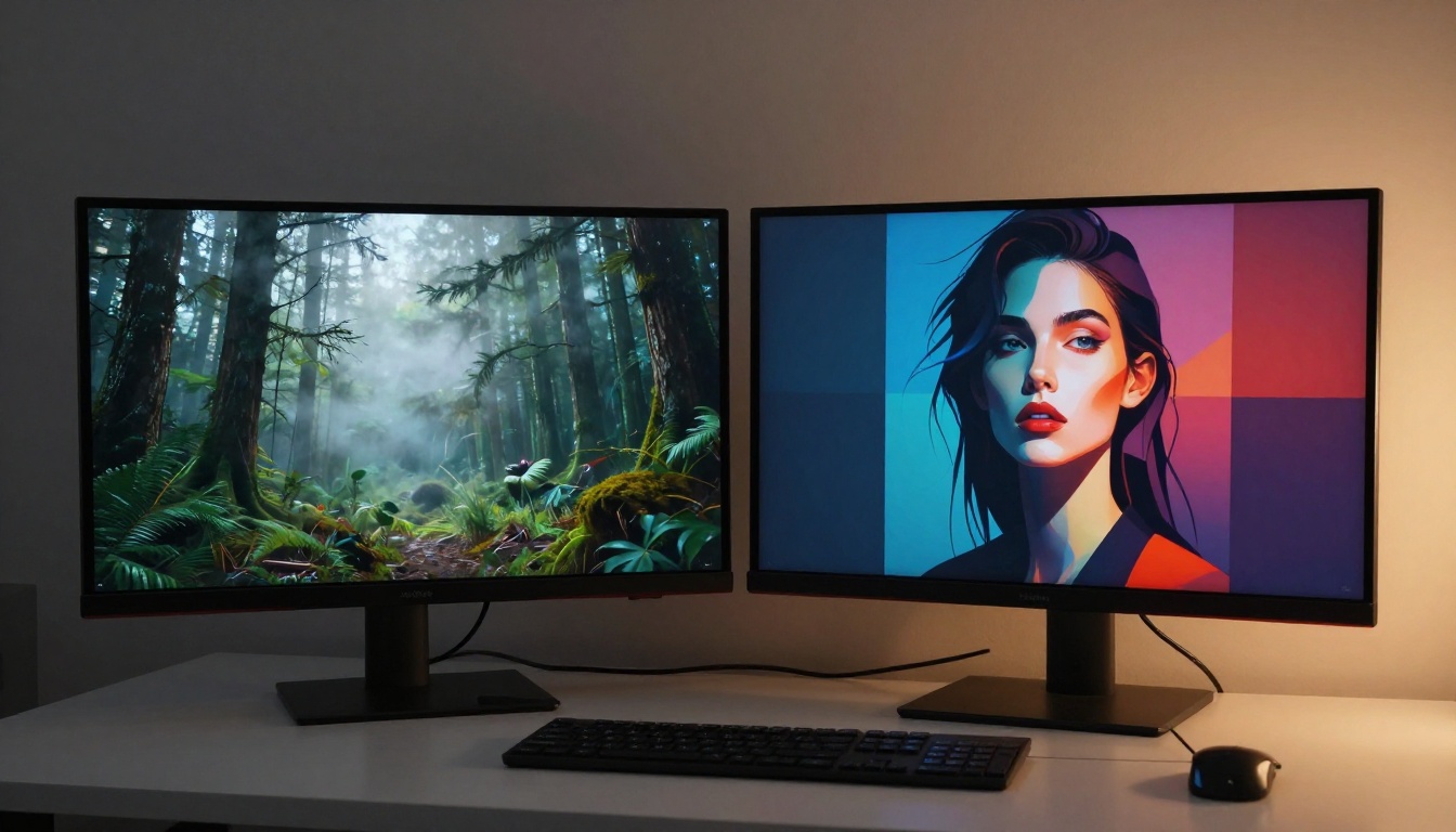 Two side-by-side monitors showing contrasting AI-generated artworks on a minimalist white desk