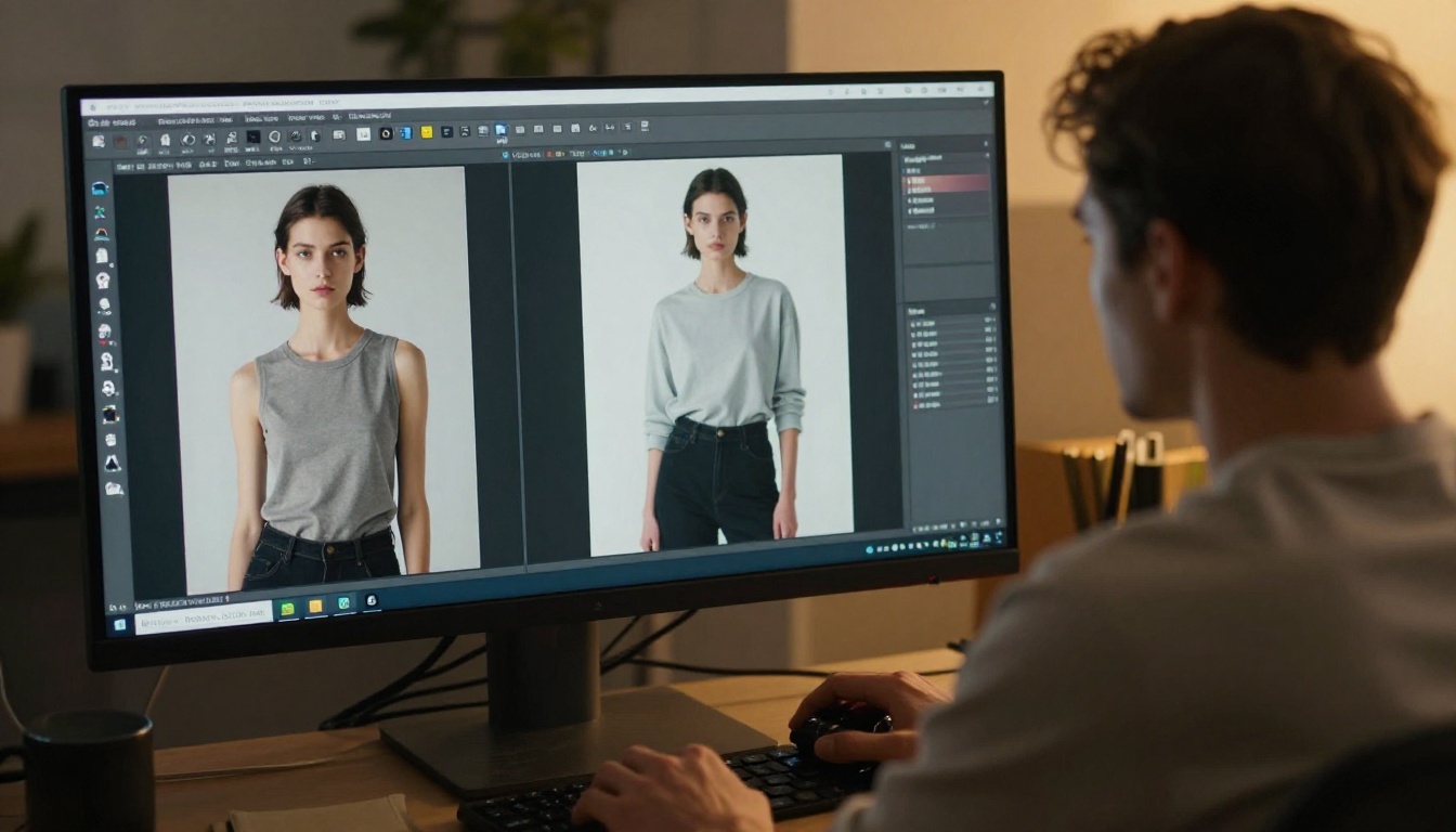 Male photographer reviewing AI-generated fashion portrait on widescreen color-calibrated monitor Male photographer reviewing AI-generated fashion portrait on widescreen color-calibrated monitor