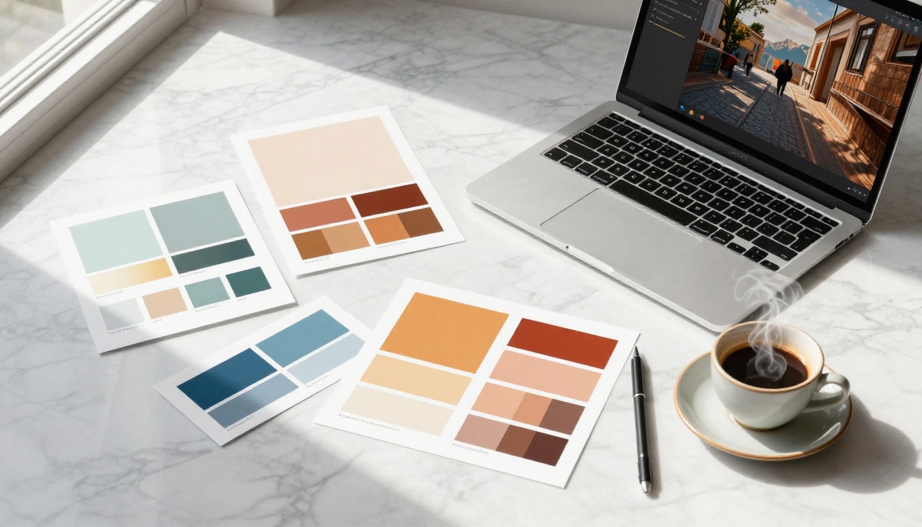 Elegant flat lay of AI artwork prints, silver laptop, and espresso on smooth marble surface Elegant flat lay of AI artwork prints, silver laptop, and espresso on smooth marble surface