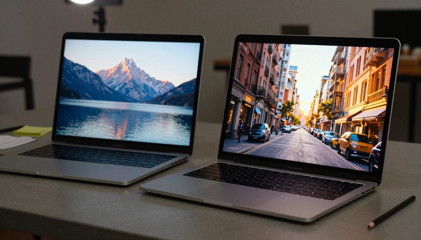 Two laptop screens side by side showing AI-generated images on a concrete studio table