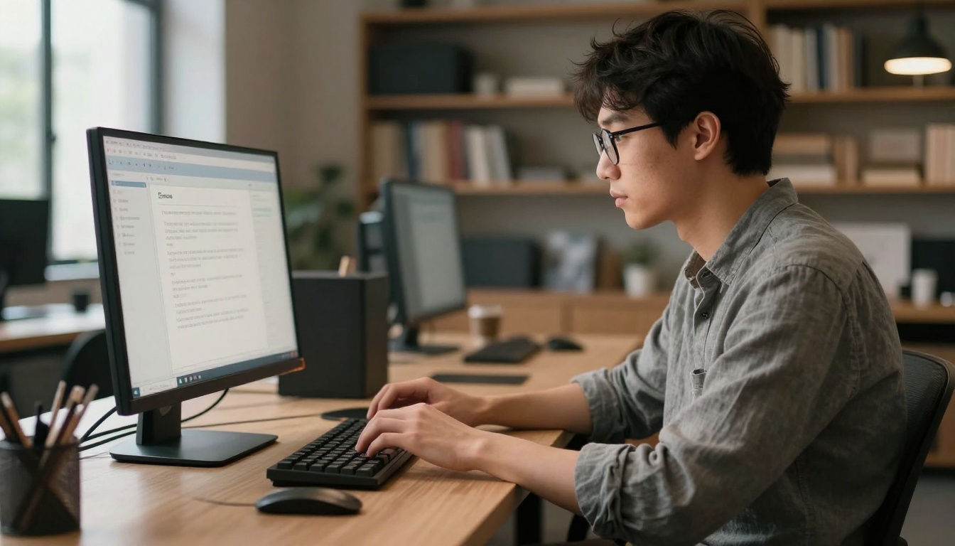 Man typing a prompt on a mechanical keyboard at a co-working space