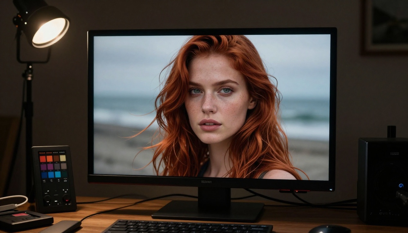 AI-generated portrait displayed on an OLED monitor in a photography studio