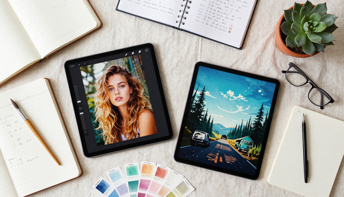 Overhead flat-lay of two tablets with AI images surrounded by creative tools