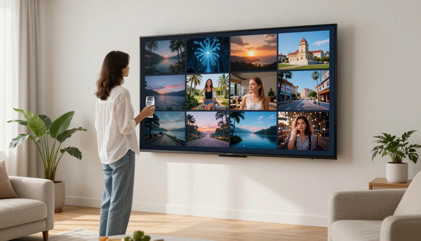 Woman standing in front of a large display showing a gallery of AI images in a modern living room