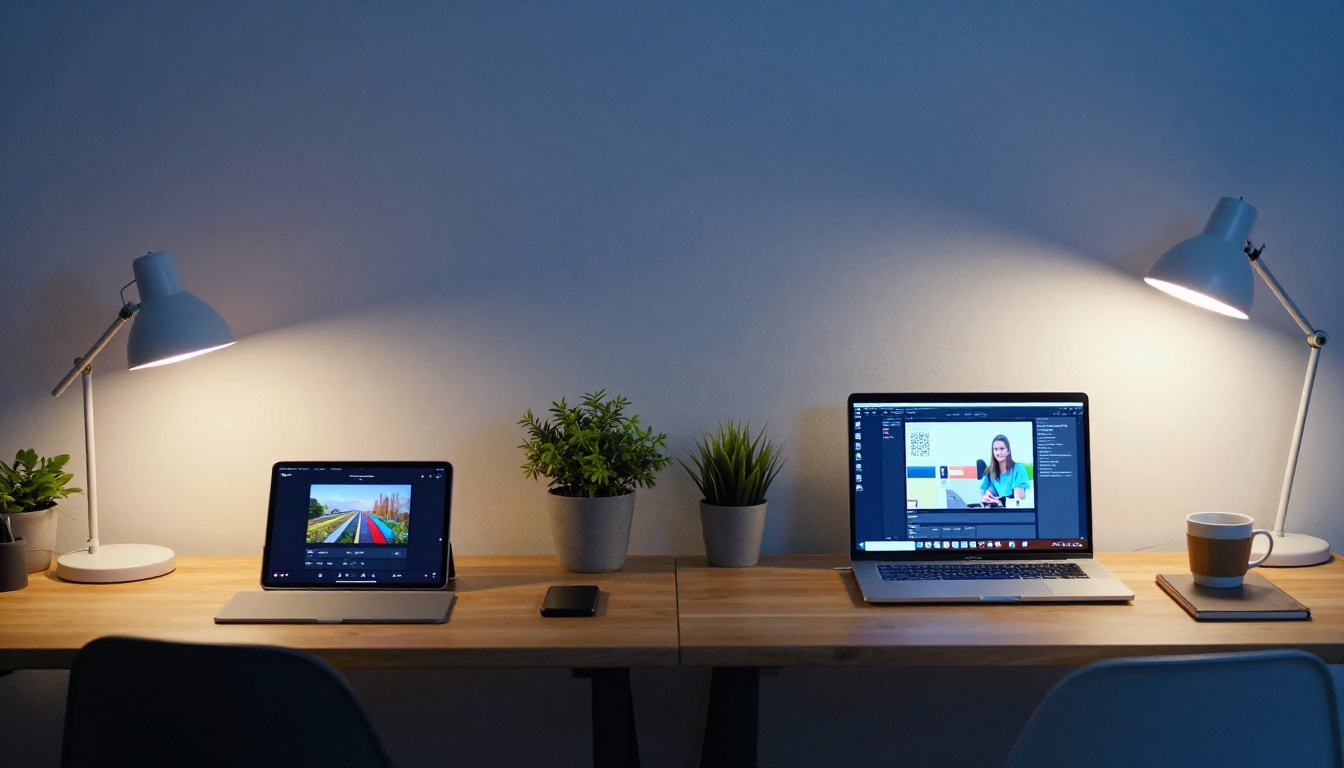 Split-scene showing two different AI workspace setups in the same loft studio