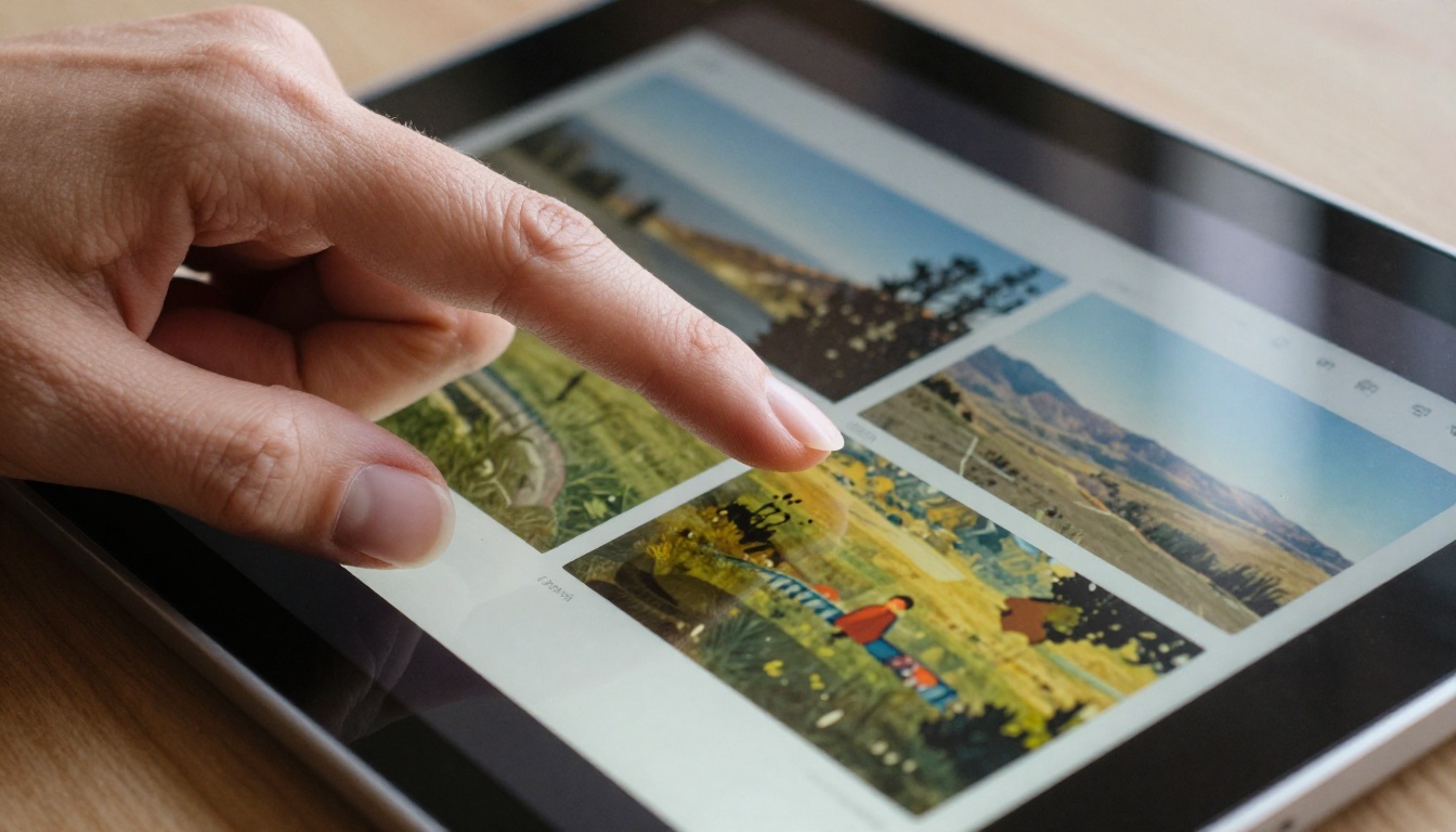 Close-up of a finger selecting between AI image thumbnails on a tablet screen