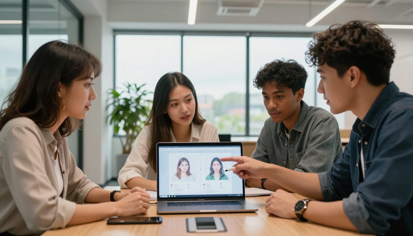 Group of professionals discussing AI image comparison on a laptop in a modern open-plan office