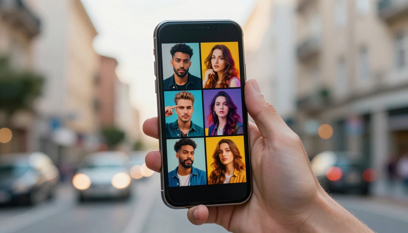 Smartphone displaying a grid of vivid AI-generated images against an urban background