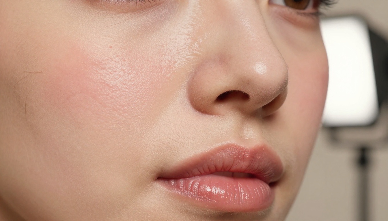 Ultra close-up face showing microscopically detailed skin pores, peach fuzz, and lip texture