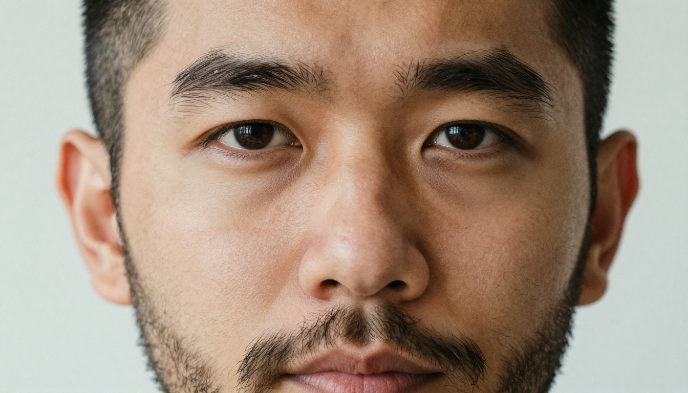 Close-up male portrait with beard texture, visible pores, and natural skin imperfections