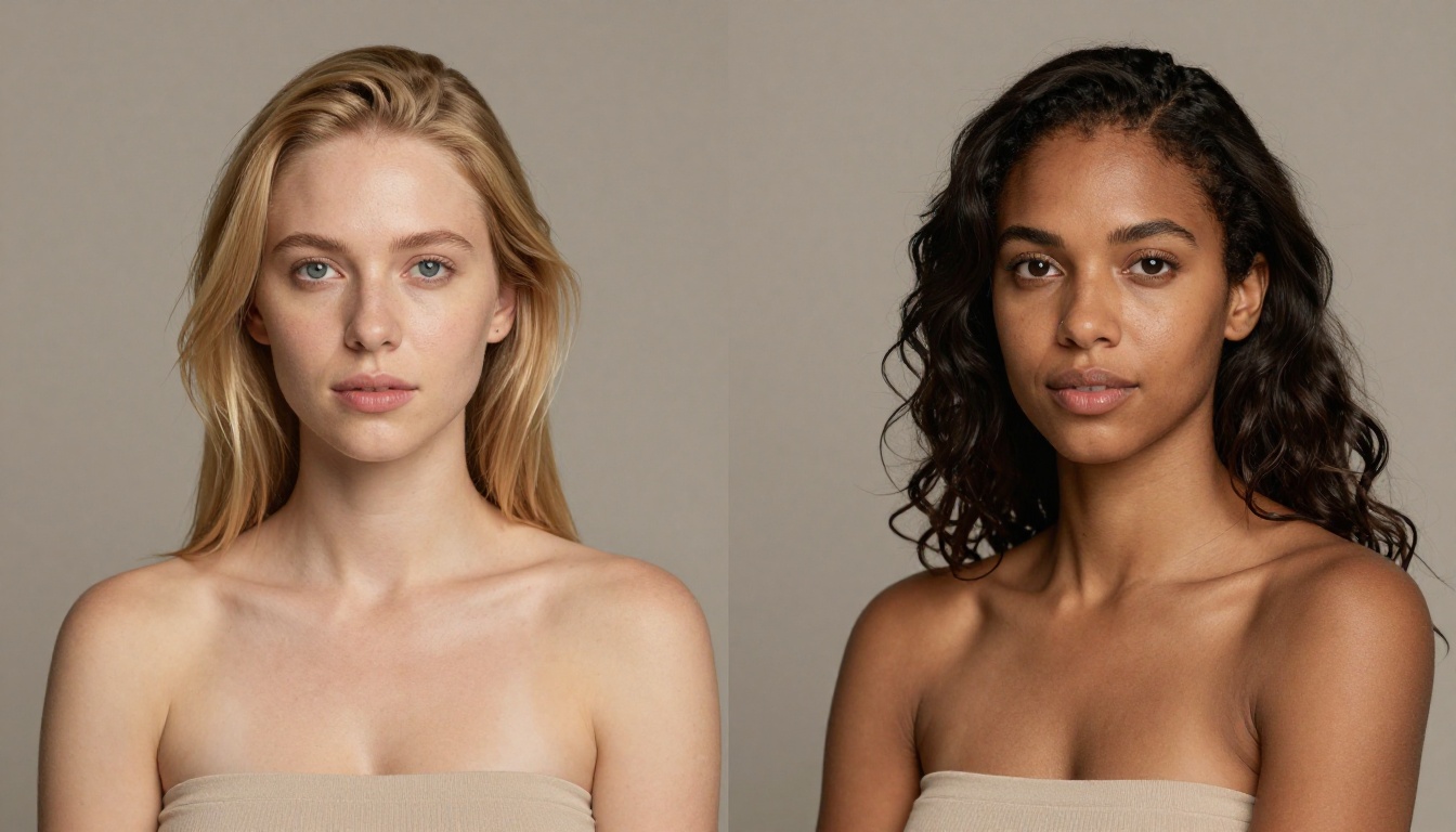 Split-screen diptych portrait comparison showing two women with different skin tones and lighting