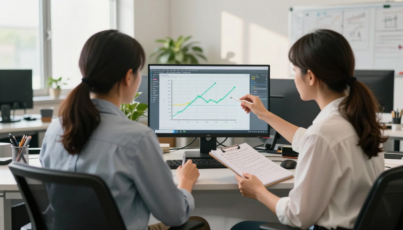Two professionals comparing video outputs Two professionals comparing video outputs