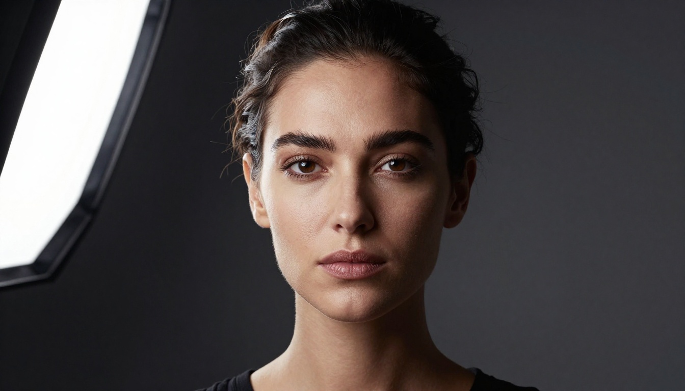 Studio portrait of a woman showing facial symmetry and structure under dramatic Rembrandt lighting