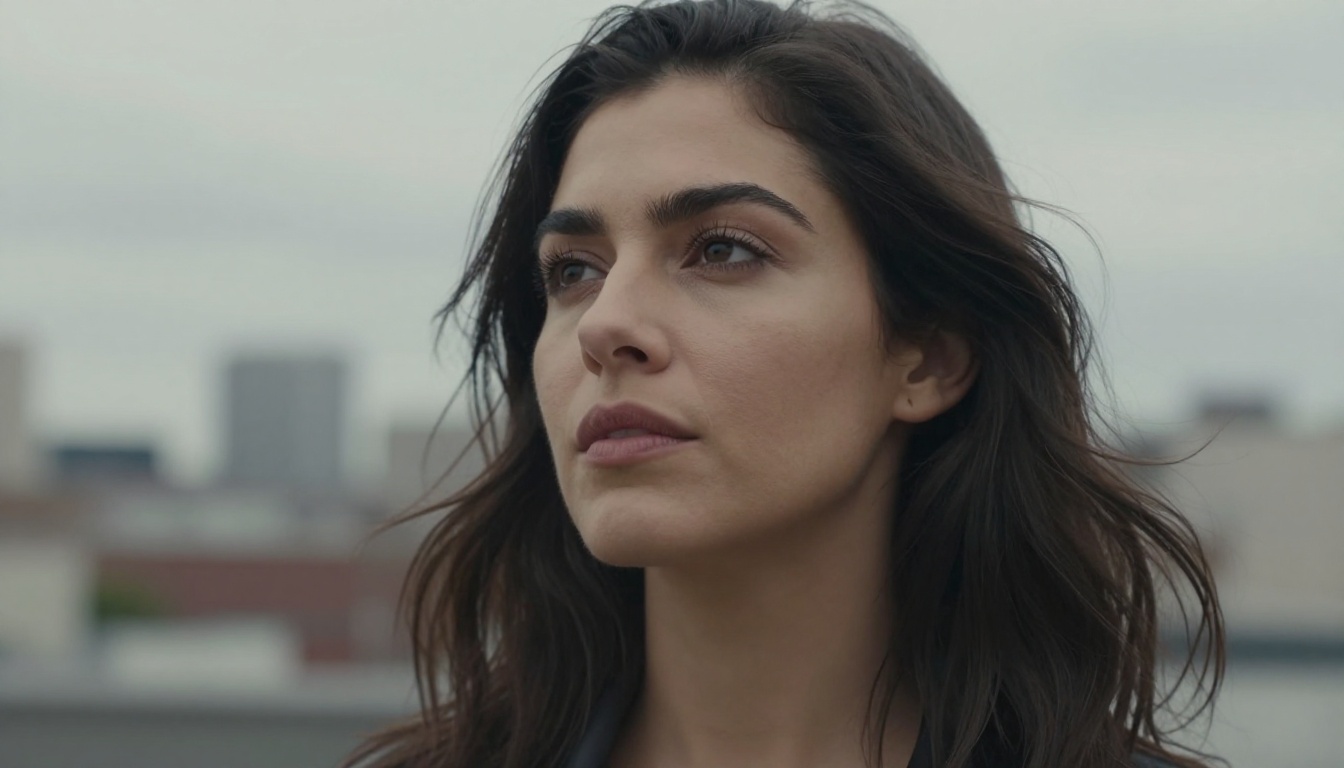 Low angle urban portrait of a woman with wind-caught hair looking upward against city skyline bokeh