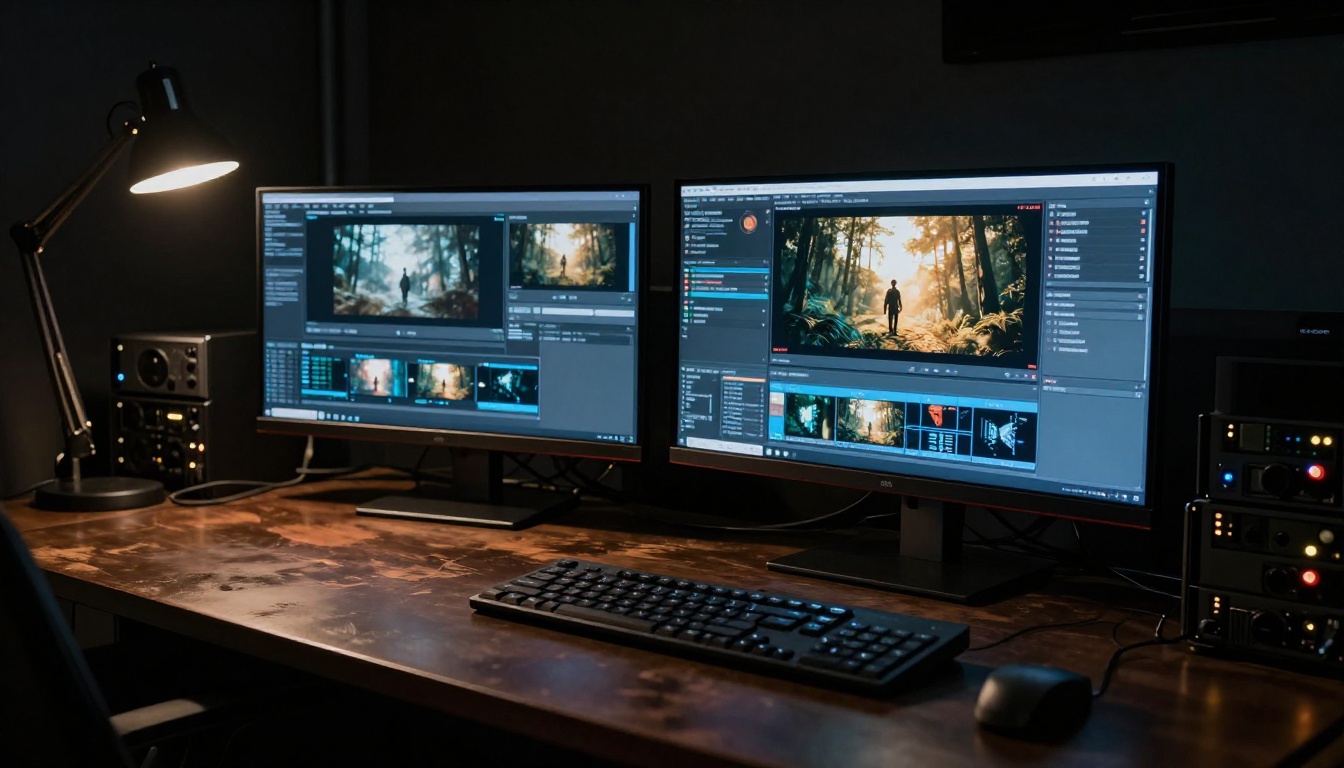 Two professional monitors in a dark editing suite displaying AI video comparisons side by side