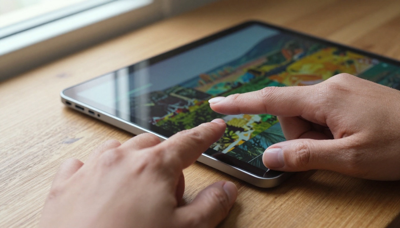 Close-up of a hand touching a tablet screen displaying AI-generated video frames