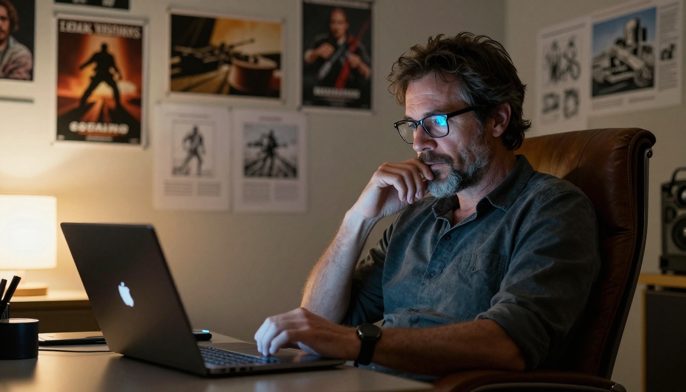 A filmmaker reviewing AI video footage on a professional laptop in a dimly lit production office
