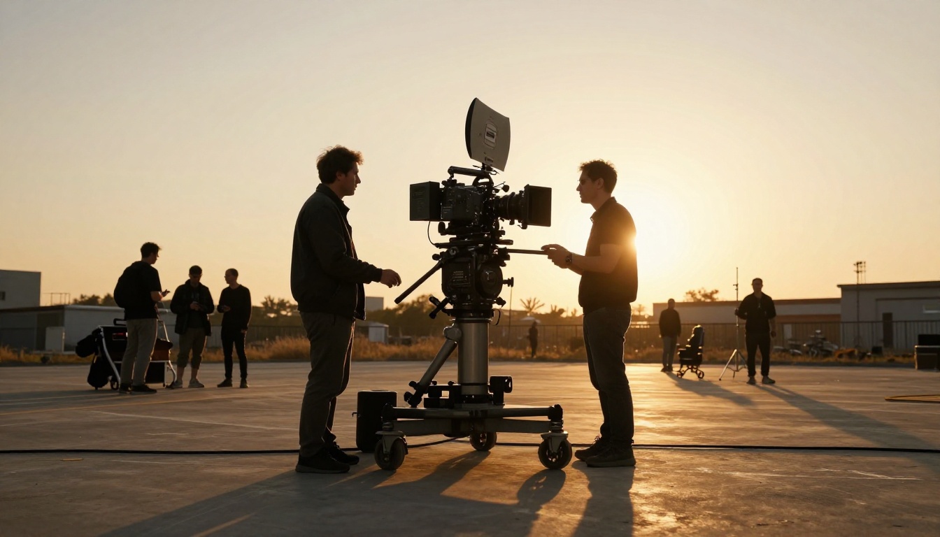 Professional film director and cinematographer at golden hour on a film set with camera dolly
