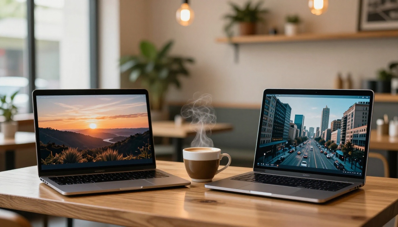 Two laptops side by side on a coffee shop table displaying different AI video outputs