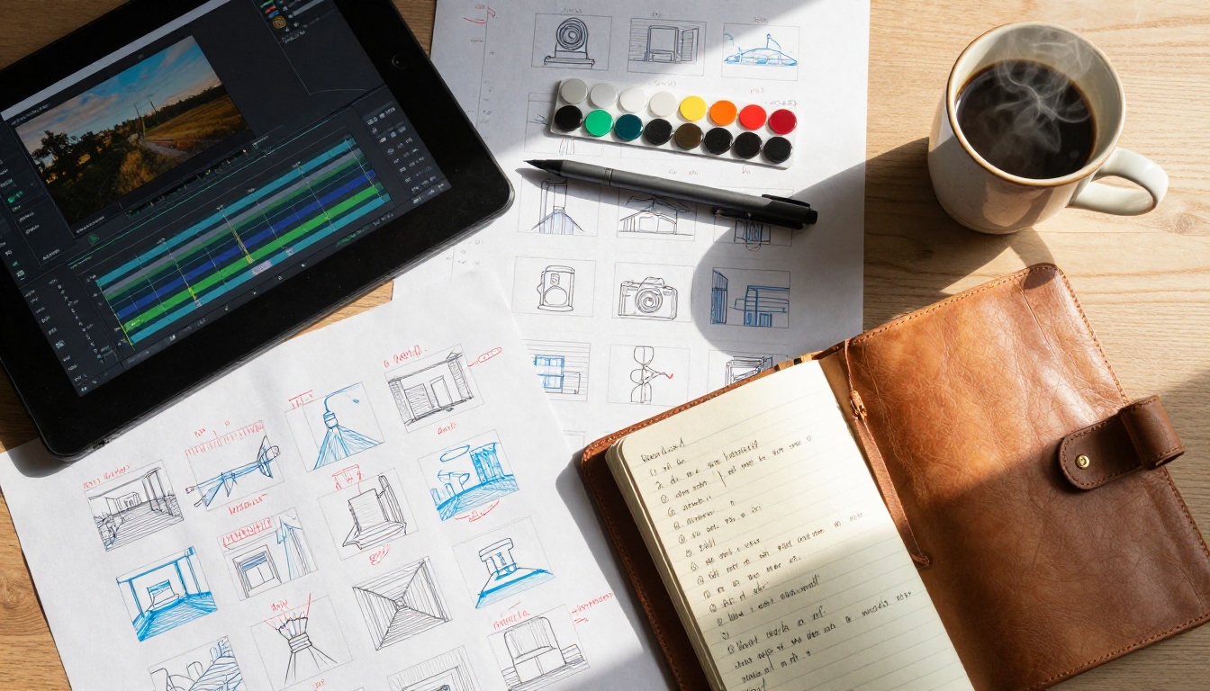 Overhead flat-lay of a filmmaker's creative desk with storyboards, tablet, and handwritten notes