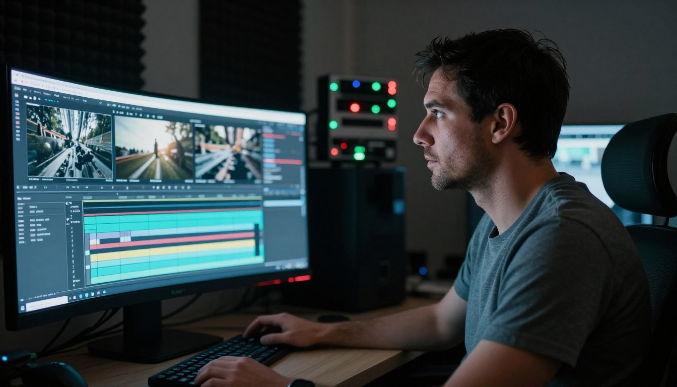 A video editor reviewing footage on a curved 4K monitor in a dim post-production suite
