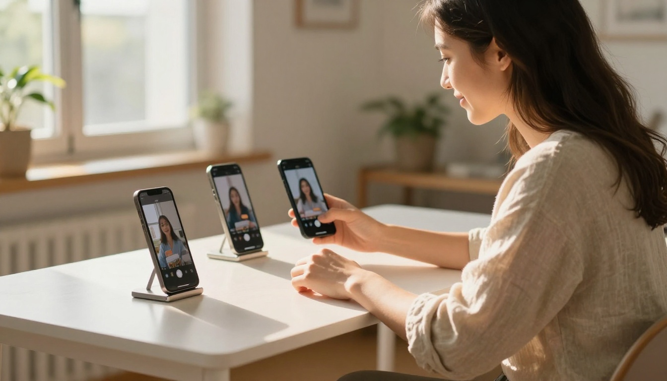 Social media content creator at a desk with multiple phone screens Social media content creator at a desk with multiple phone screens