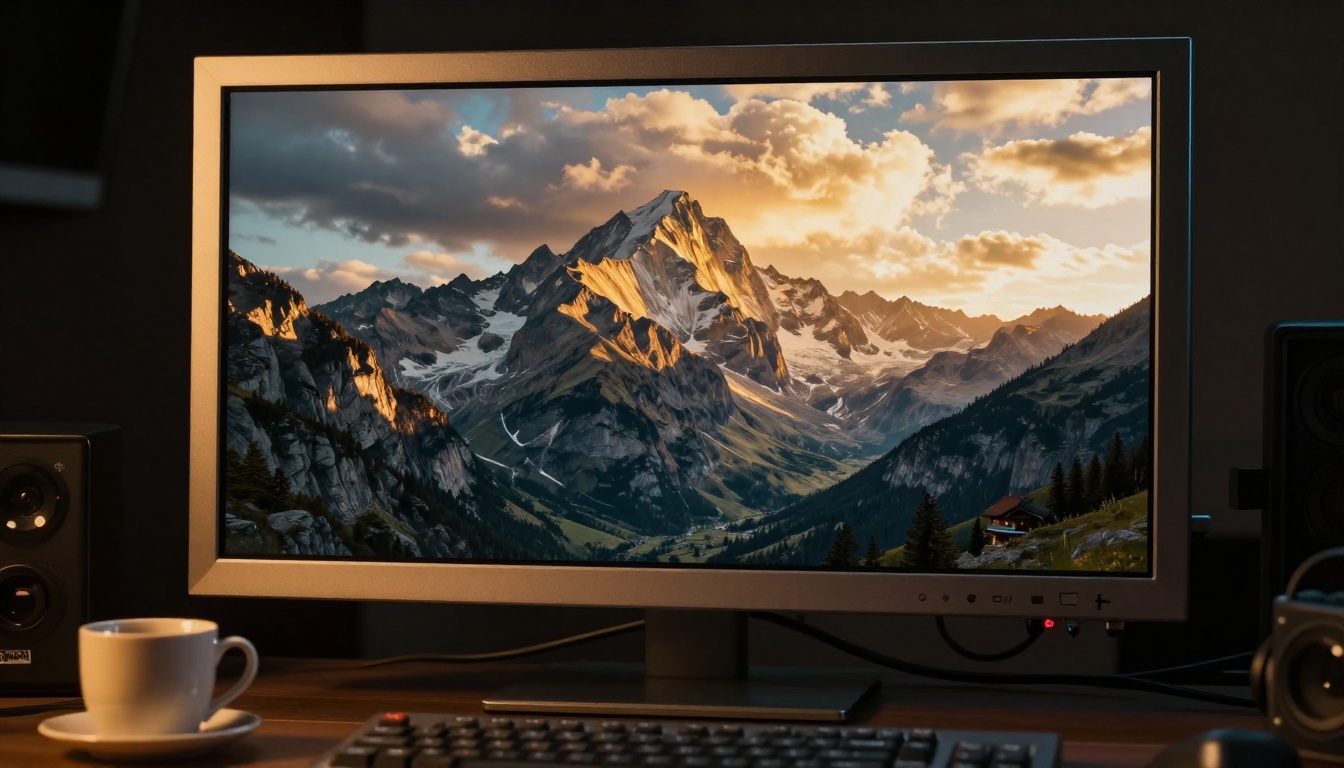 A professional broadcast reference monitor in a dark studio displaying a stunning AI-generated cinematic landscape