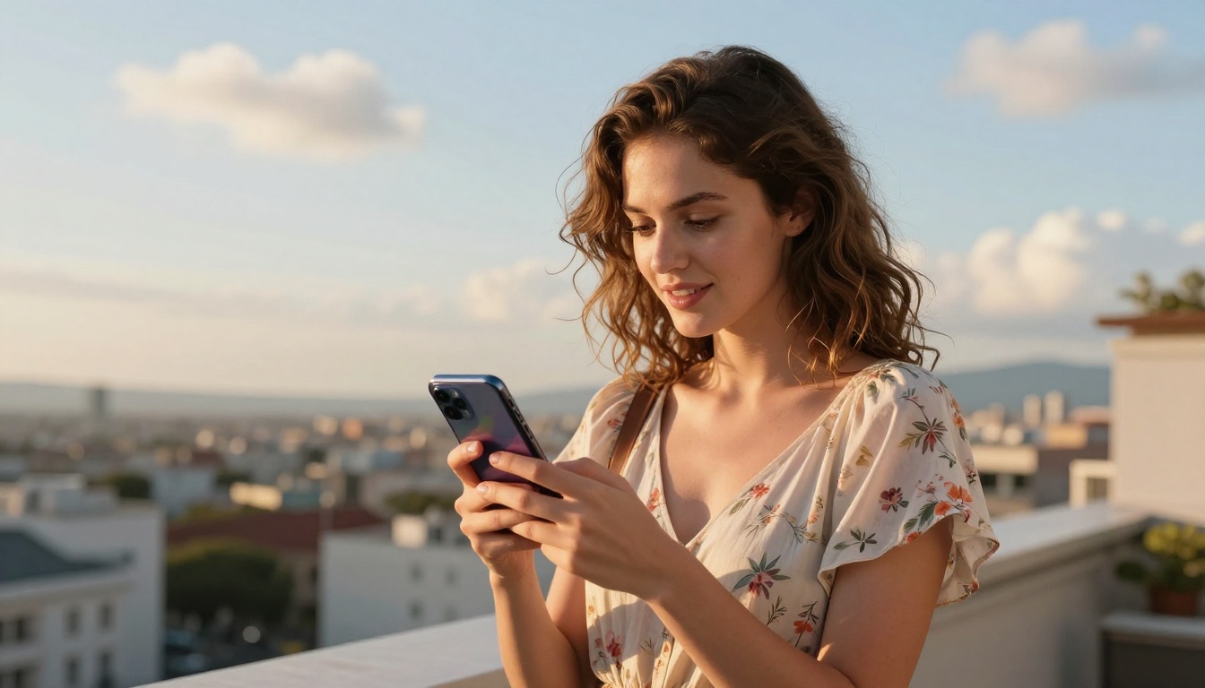 A young woman on a rooftop terrace holding a smartphone looking at AI video content with a city skyline behind her