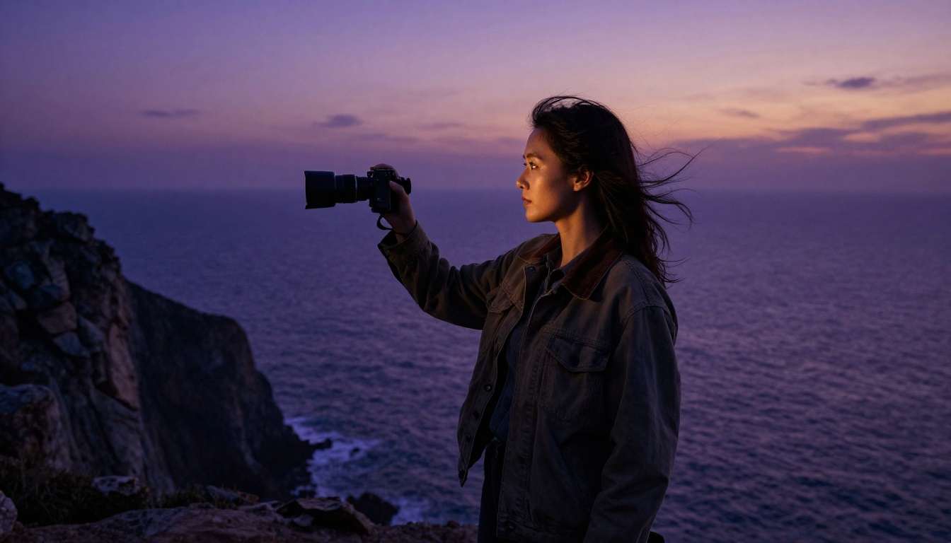 A film director on a rocky coastal cliff at twilight framing a shot with a director's viewfinder