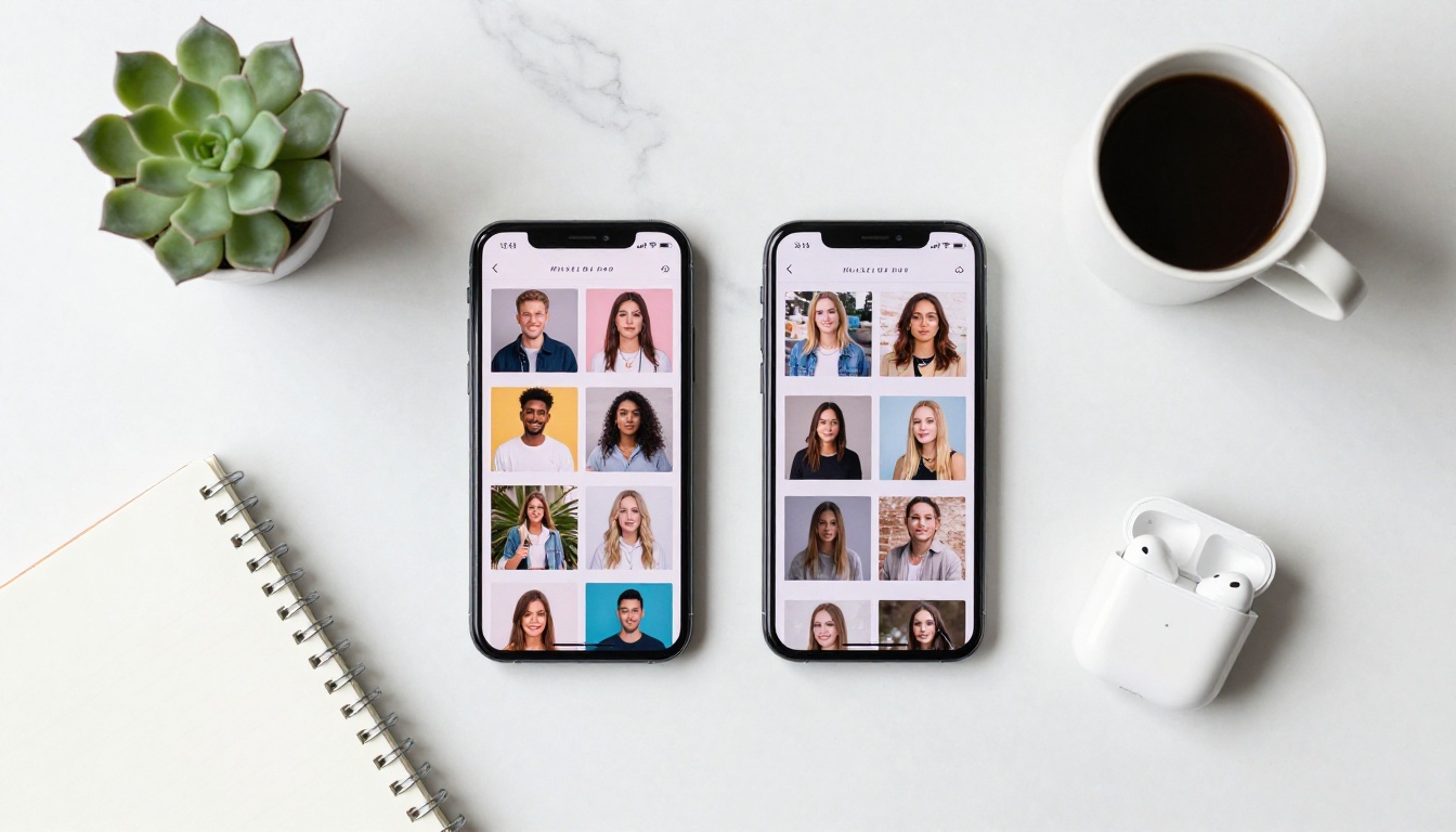 Overhead flat-lay of two smartphones on white marble desk Overhead flat-lay of two smartphones on white marble desk