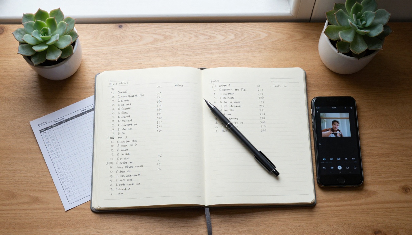 Overhead flat-lay of a minimalist desk with comparison notes, printed specification sheets, and a smartphone