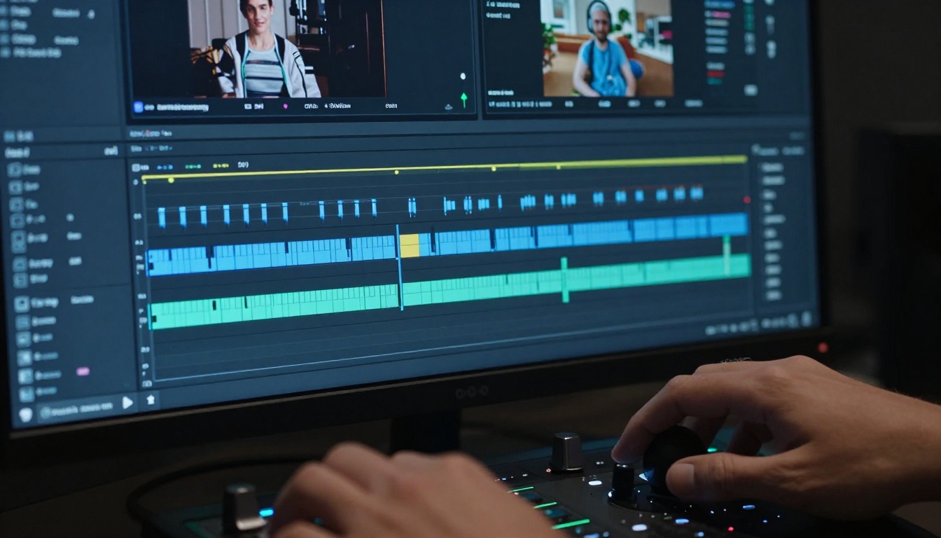 Filmmaker's hands resting on a professional video editing controller, monitor illuminated in a dark room