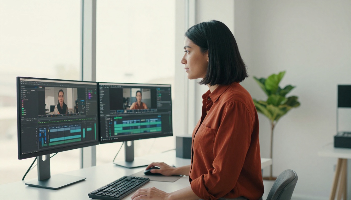 A creative professional woman at a standing desk with two large monitors in a bright modern studio