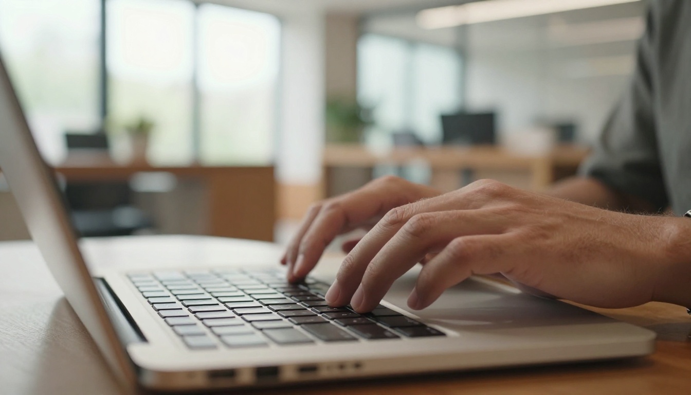 Person typing on laptop in a bright co-working space