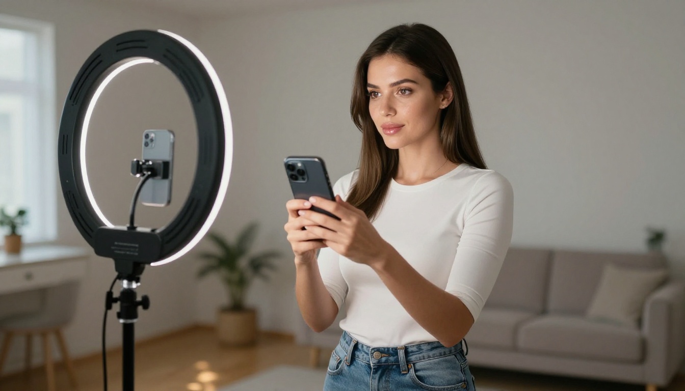 TikTok creator recording video with ring light setup