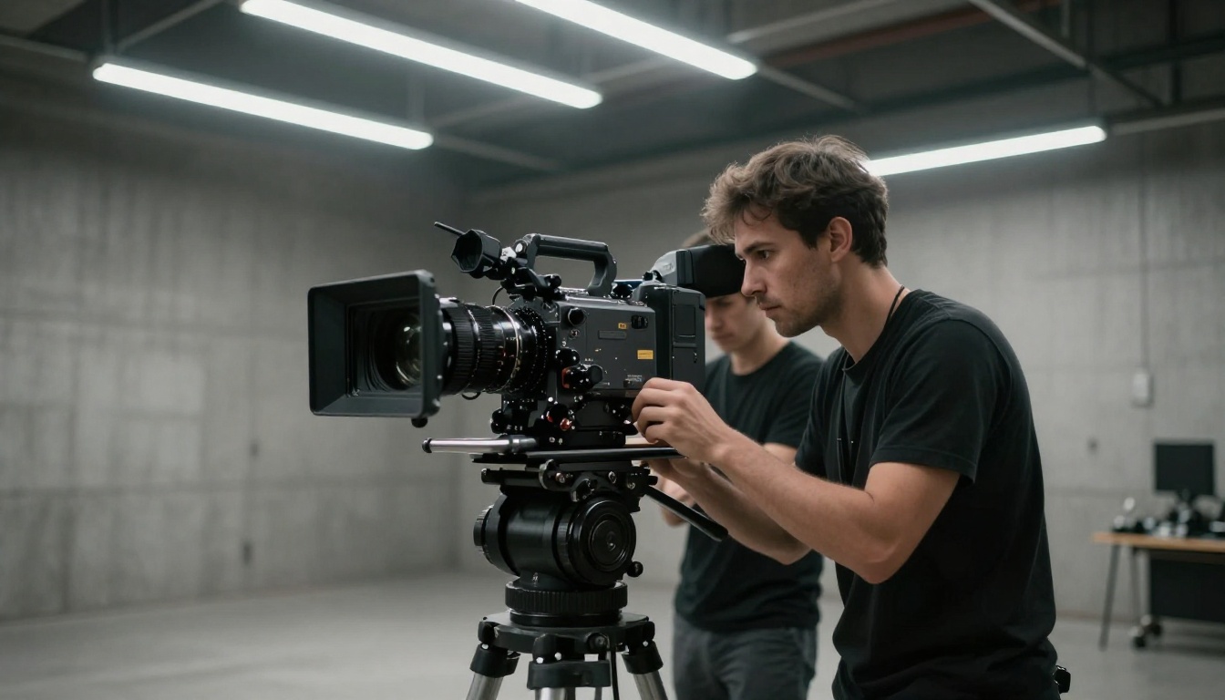 Professional cinematographer behind a cinema camera on a precision dolly in a concrete studio space