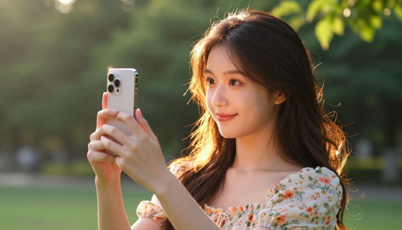 Young woman filming herself outdoors at golden hour Young woman filming herself outdoors at golden hour